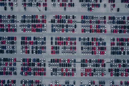 Aerial View of Rows of New Cars