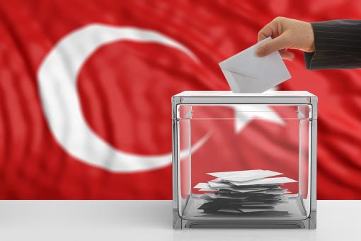 Voter with Türkiye flag in background