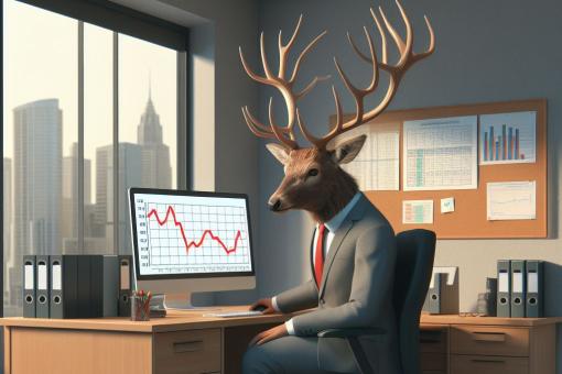 Deer stag sitting at desk