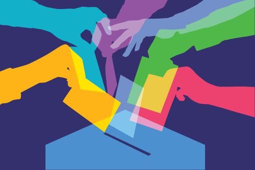Colourful overlapping silhouettes of people voting.