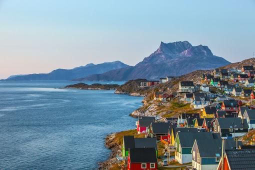 Colourful houses at sunset in the capital of Greenland, Nuuk.