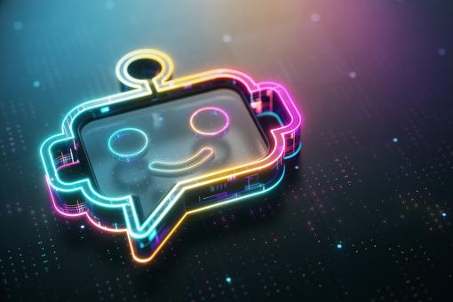 Artificial Intelligence chatbot assistant glowing on modern futuristic technology background. 