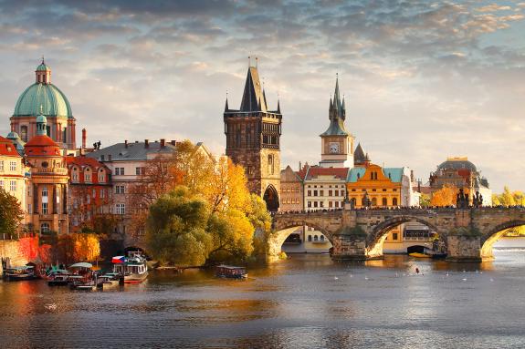 Panoramic view of Vltava river and Charles bridge in Prague, capital of the Czech republic.