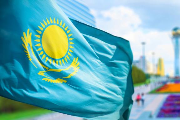 Wind develops flag of the Republic of Kazakhstan