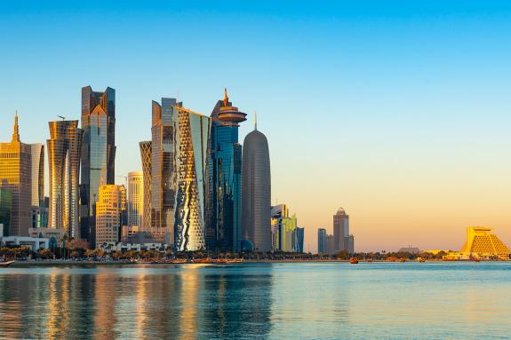 The Downtown Doha City Corniche Skyline at Twilight, Qatar 