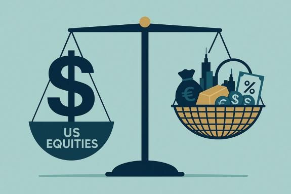 Balanced scales: Left scale - Oversized USD/US equities. Right scale - Basket with gold bar, commodity, world currencies, EM skyline, bond coupon.