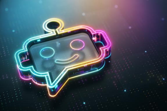 Artificial Intelligence chatbot assistant glowing on modern futuristic technology background. 