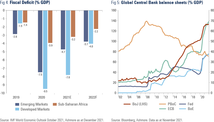 Fig 4: Fiscal Deficit (% GDP) | Fig 5: Global Central Bank balance sheets (% GDP)